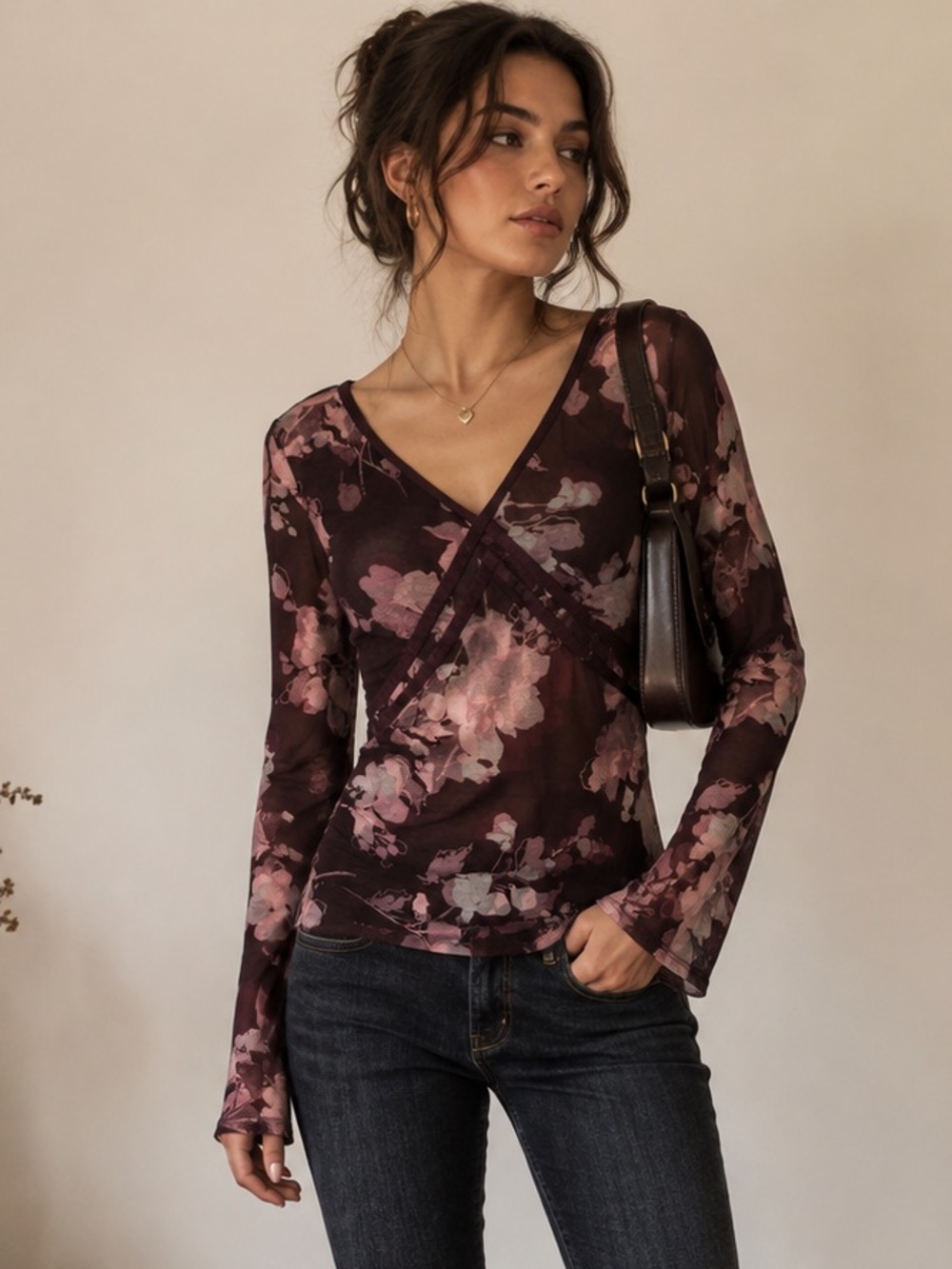 VTG Y2K Axcess Liz Claiborne Sheer Mesh Floral Wrap Top Burgundy Grunge S